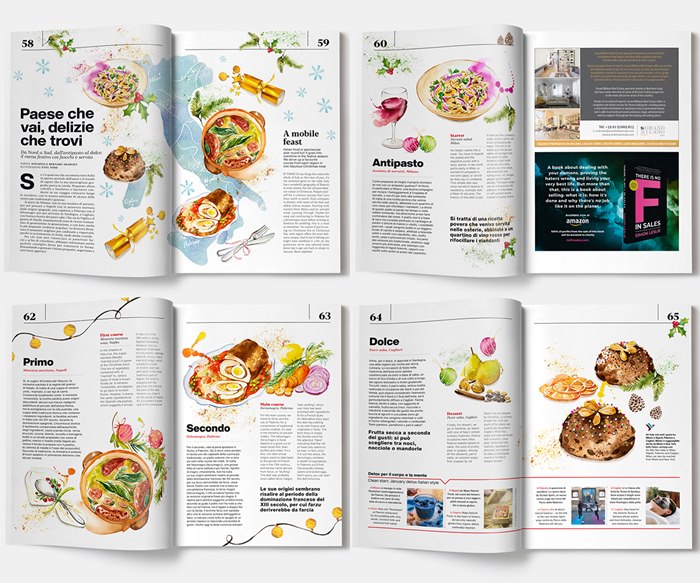 Italy's signature dishes along with festive decorations for magazine