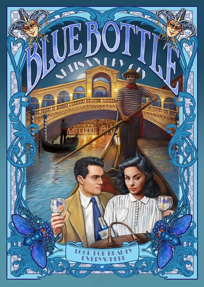 Blue bottle artisan gin alchohol