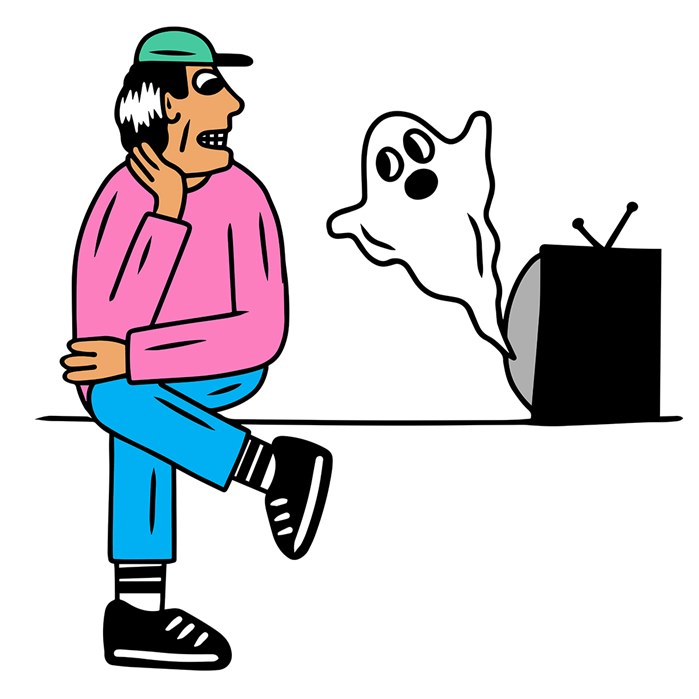 Watercolor painting of man watching ghost on tv 