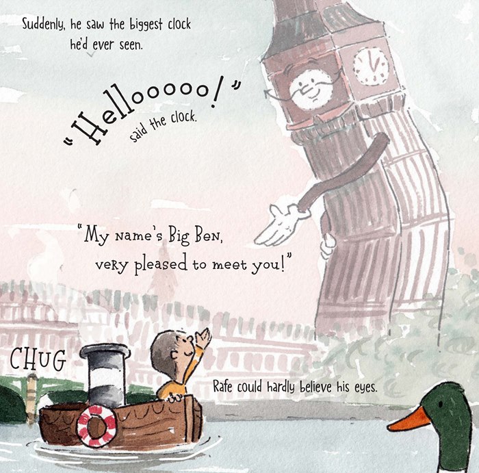 Comic art of Rafe's saying hai to big clock in London