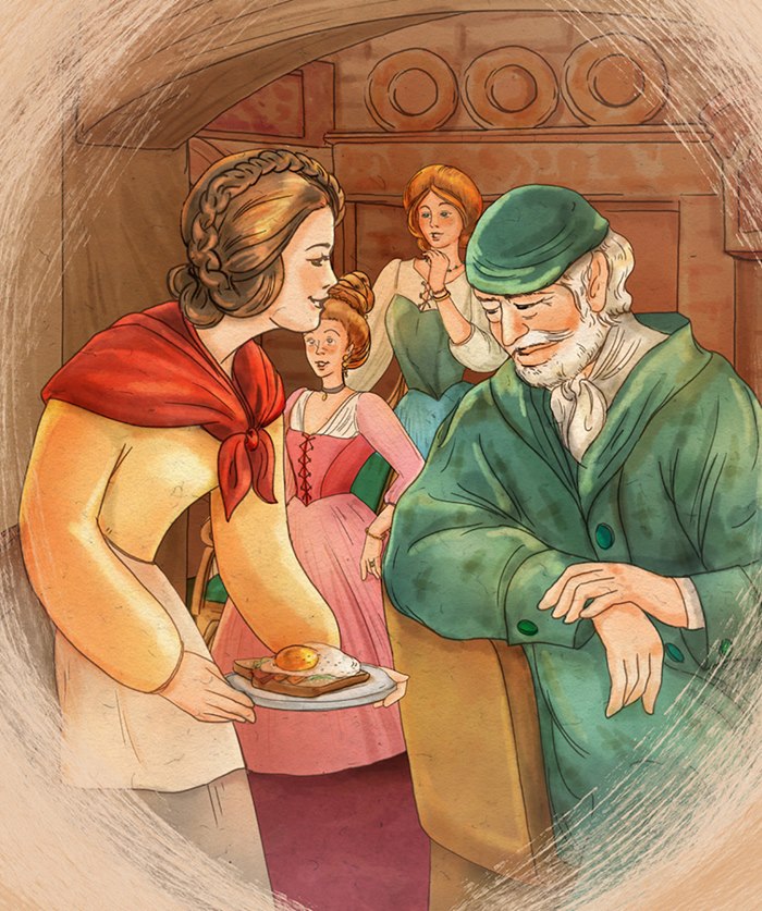 Graphic illustration of daughter giving food to his father 
