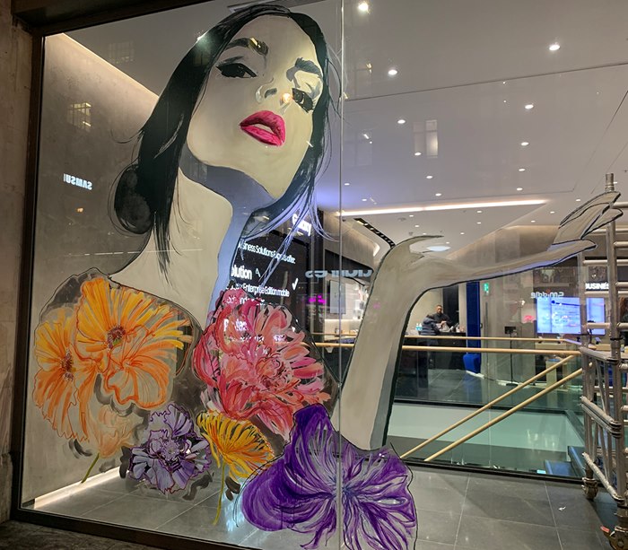 Mural art on window by Jacqueline Bissett