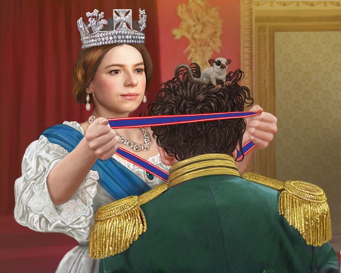 Photo realistic queen appreciates the saviors with medal