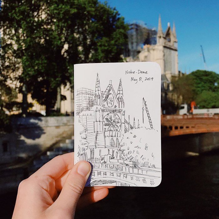 Live drawing of Notre Dame by August Lamm