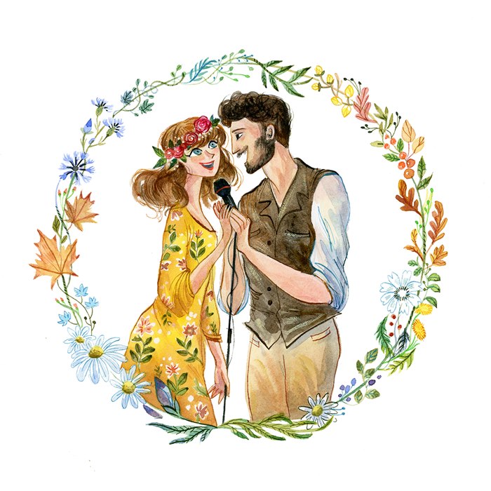 Watercolor portrait of singing couple