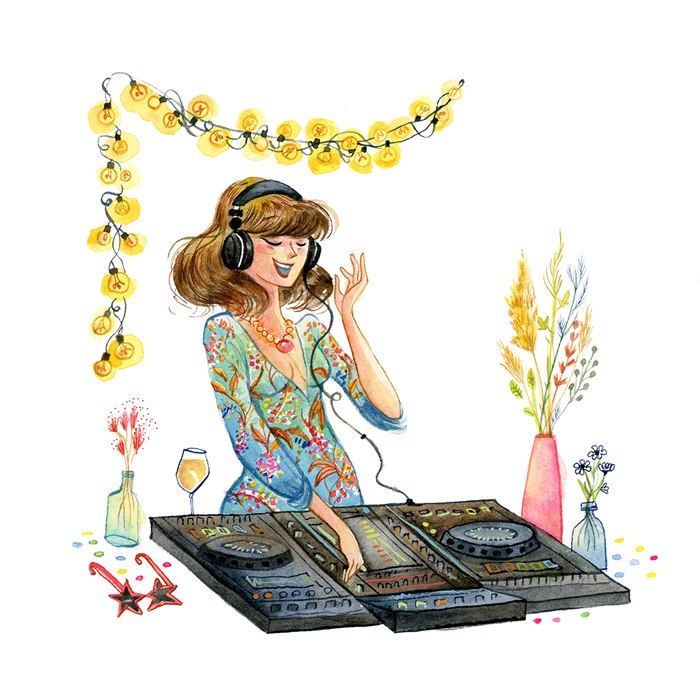Female DJ watercolor portrait illustration 
