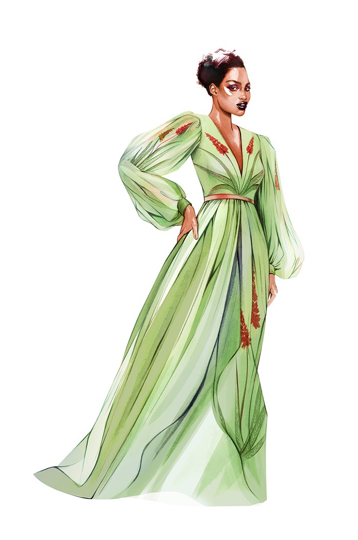 Fashion illustration of girl in Light green frock