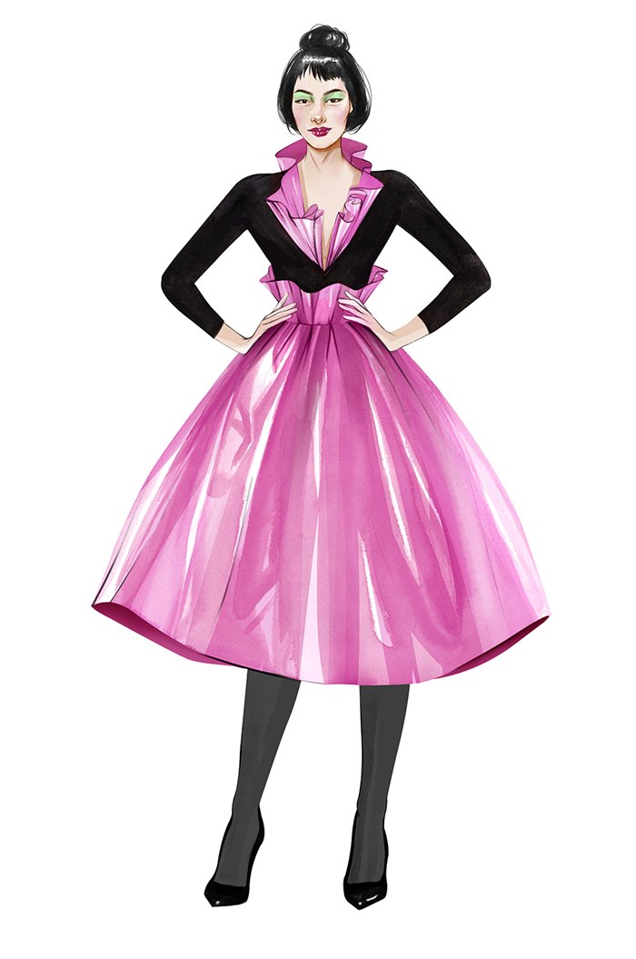 watercolor fashion illustration of beautiful girl in pink gown