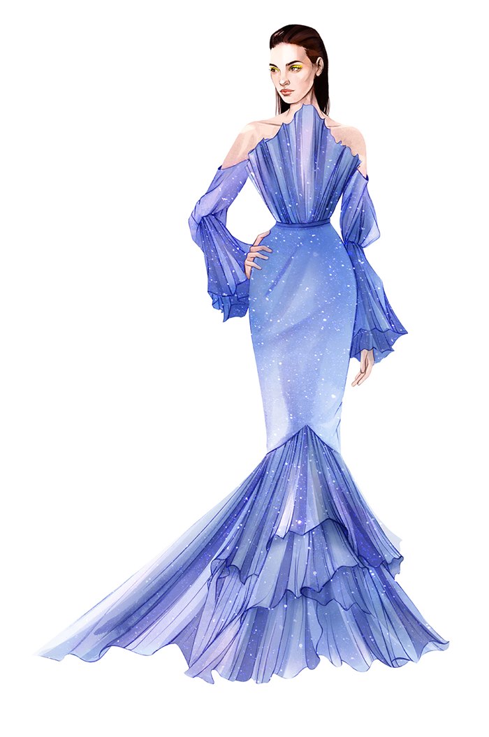 Fashion illustration of gorgeous model in sky blue dress