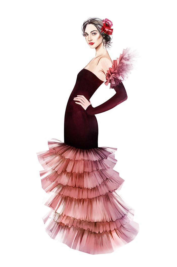 Beautiful model in dark frock fashion illustration
