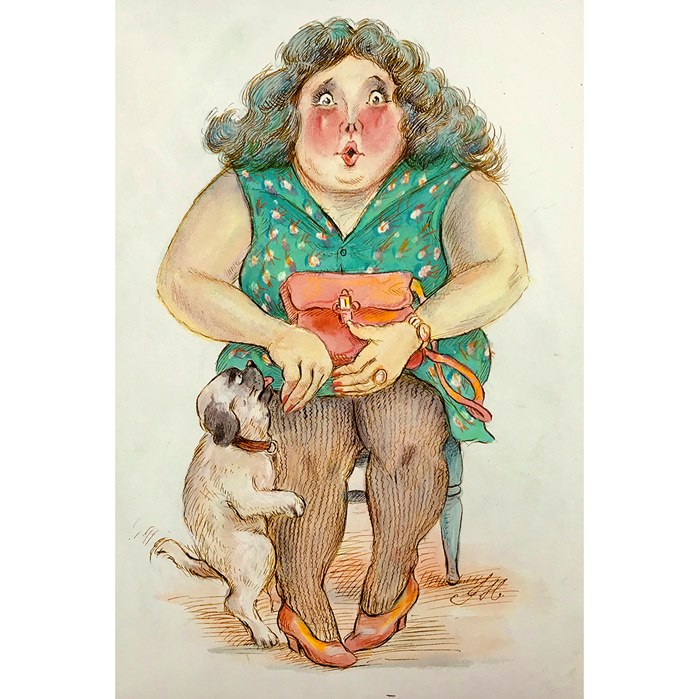 Watercolor drawing of women with her pet 