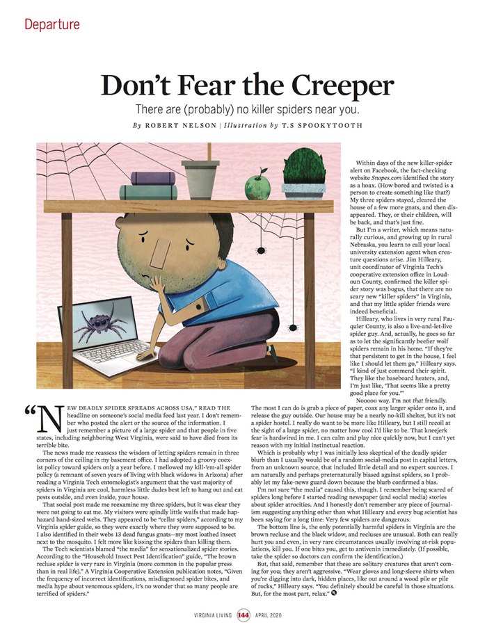 illustration for Virginia Living Magazine for an article about a creepy crawly hoax story.