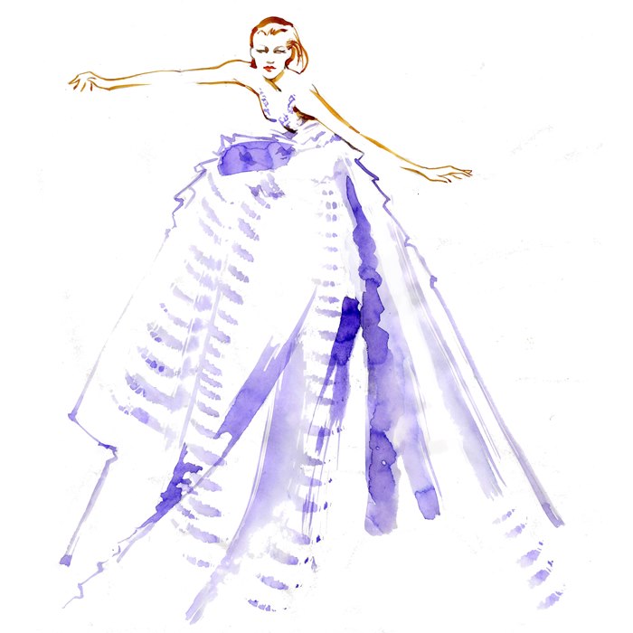 Watercolor fashion illustration of girl in Ball gown 