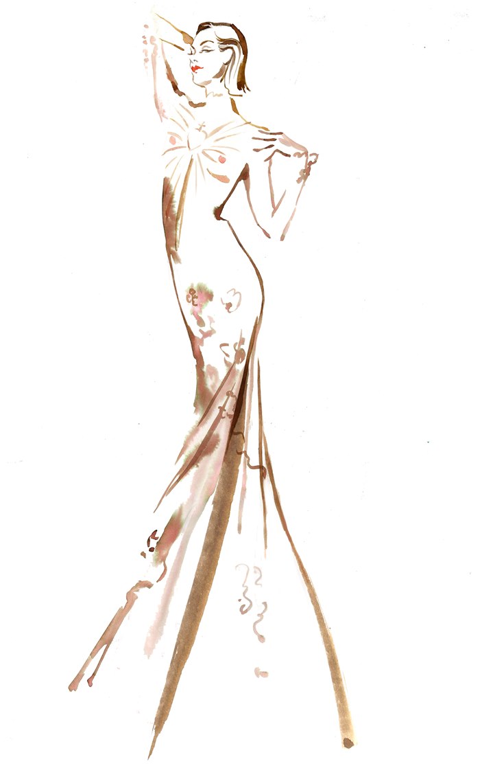 Fashion illustration of gray long gown 