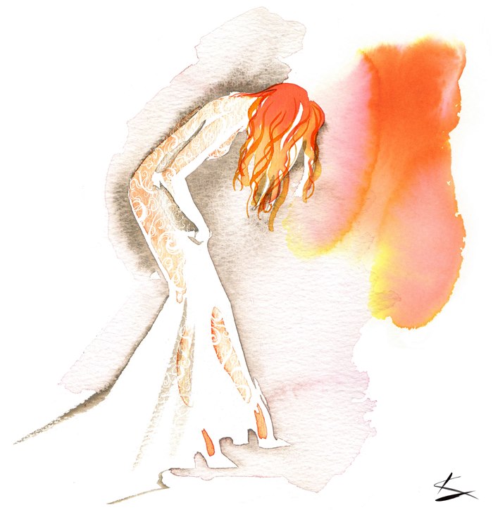 Long orange gown fashion illustration 
