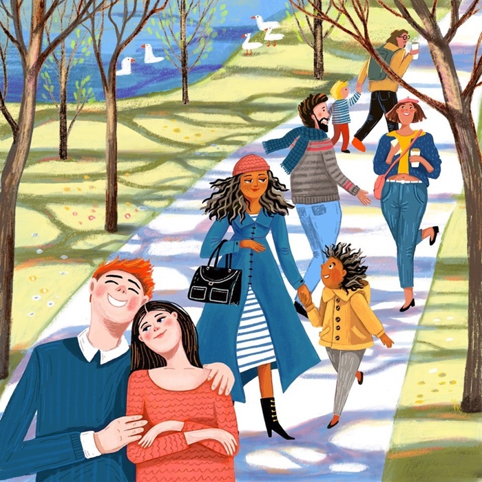 Cartoon people walking in a park