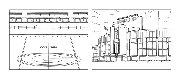 Black and white illustration of football ground for colouring book