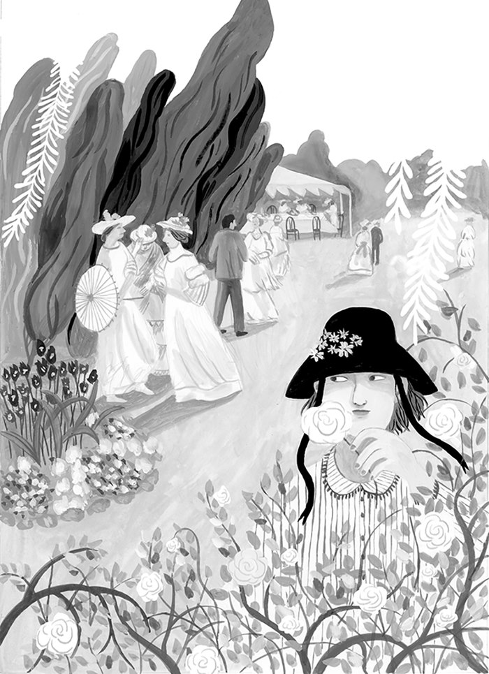 Black and white illustration for series of women's stories