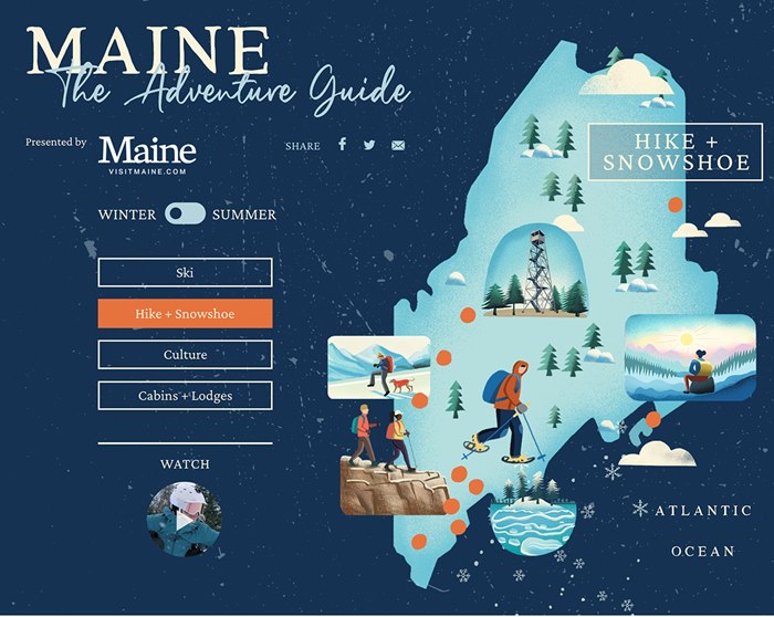 Li Zhang's map of Maine's hiking and snowshoeing trails for Outside magazine