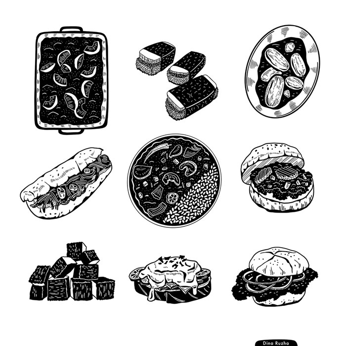 Illustration of food in black and white by Dina Ruzha