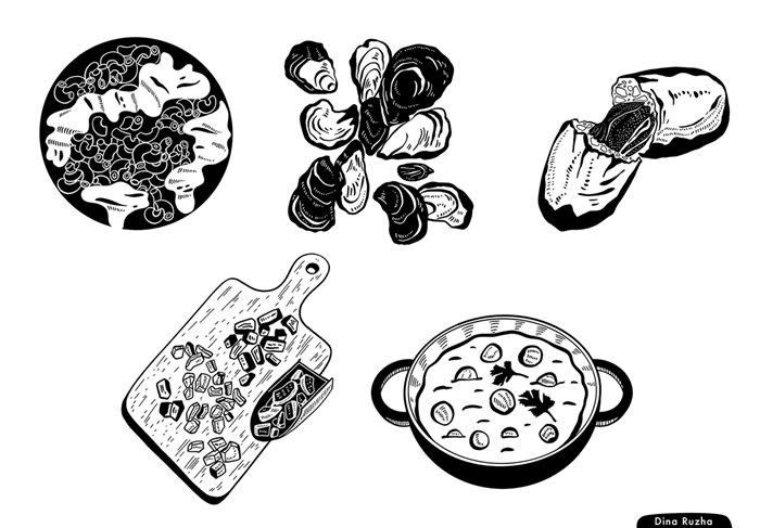 Illustration in black and white of many foods