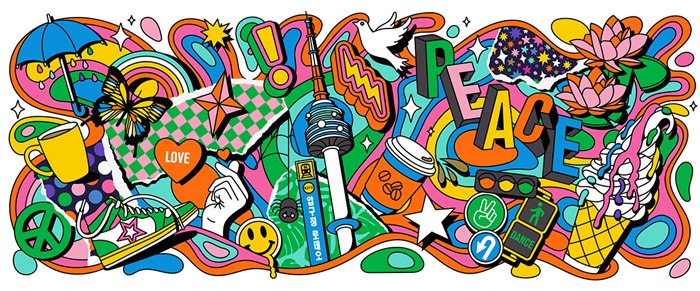 Psychedelic imagery of Peace, Fun and Love for Spyder Shop in Seoul, South Korea