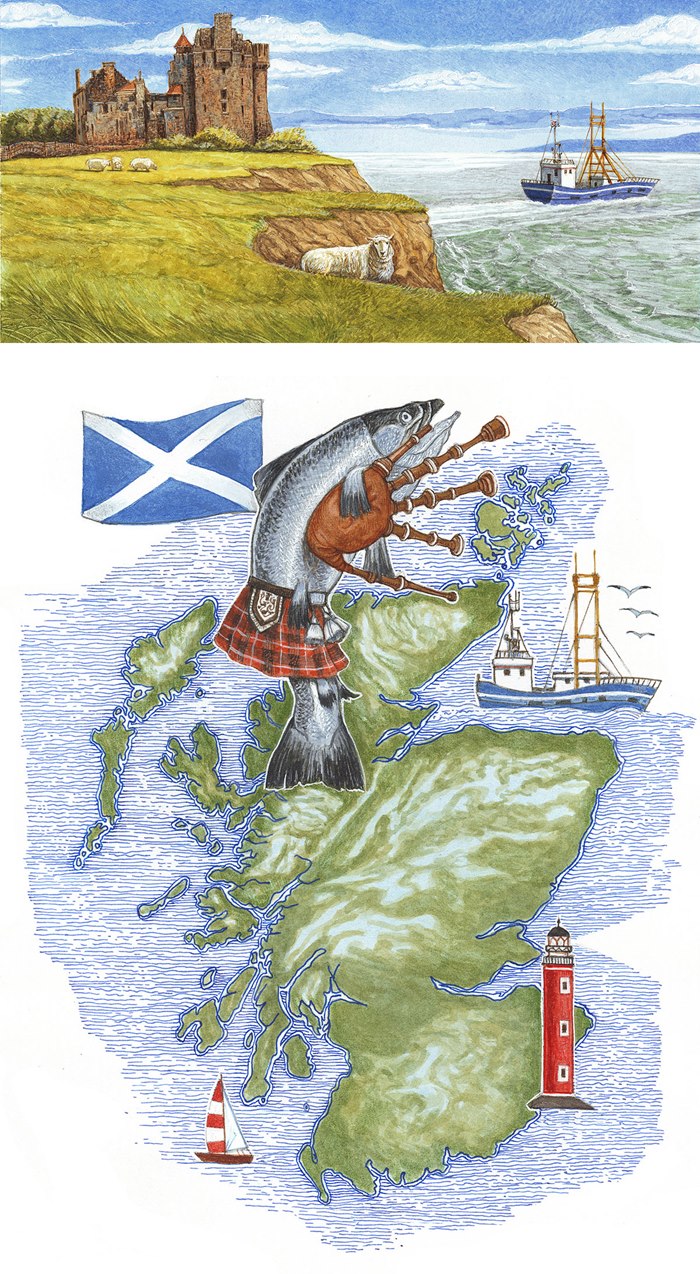 Scottish landscape and map for fish packaging