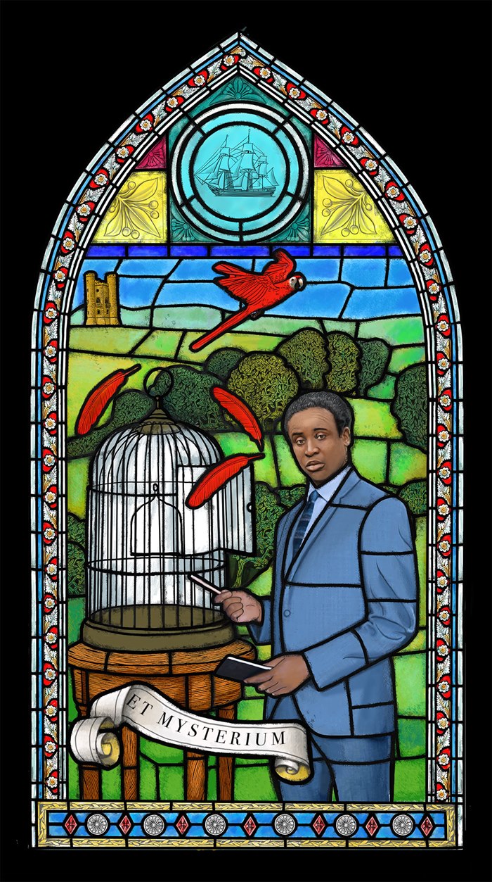 Stained glass window illustration by Bob Venables