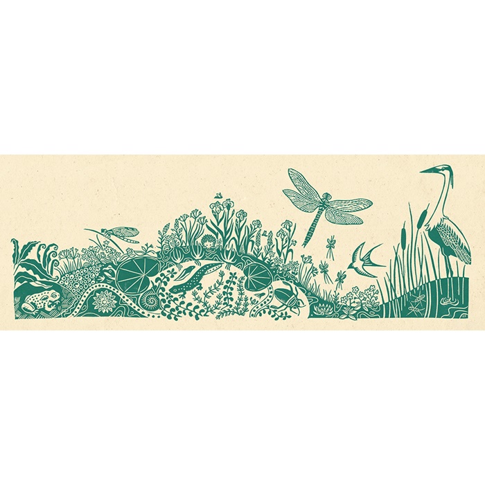 Single-colour linocut illustration of a healthy pond