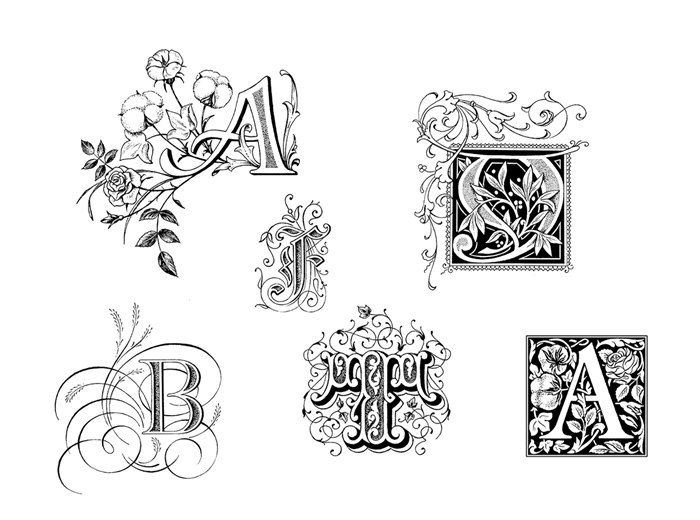Black-and-white alphabet illustration