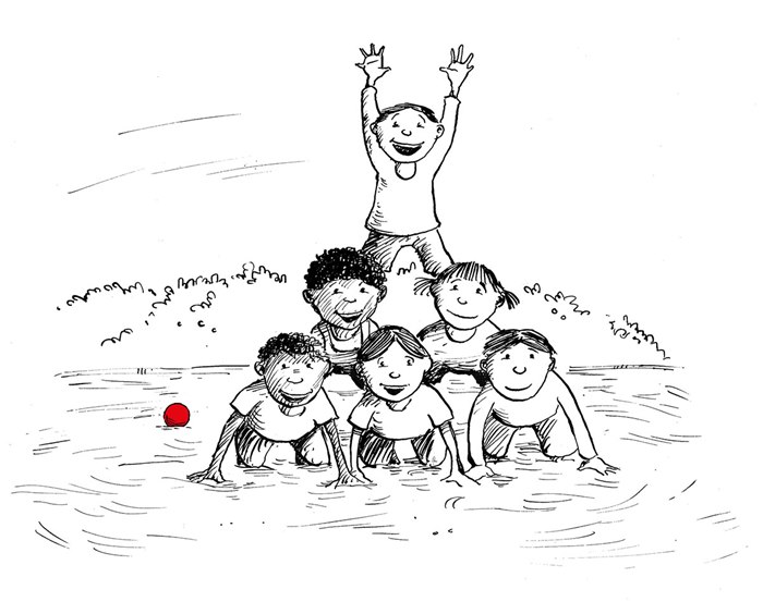 Black and white drawing playing kids