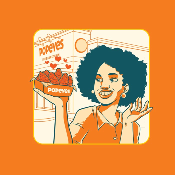 Humorous art of the excitement of trying out Popeyes