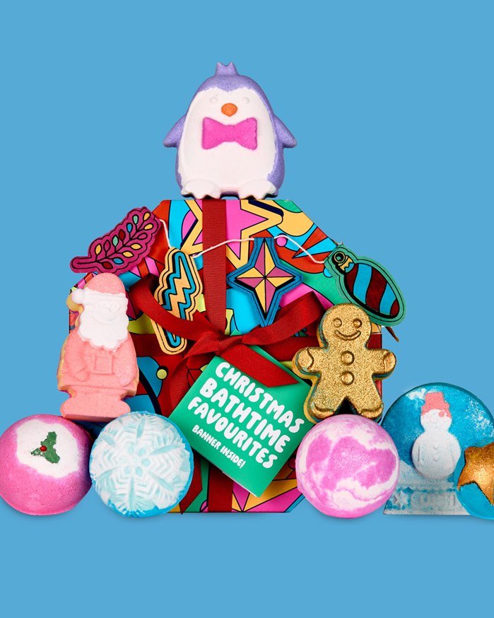 Bright and cheerful packaging for Christmas Bathtime Favourites