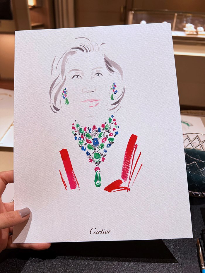 Stylish fashion drawing of a Cartier visitor