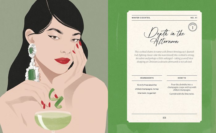 A book page spotlighting seasonal winter cocktail recipe
