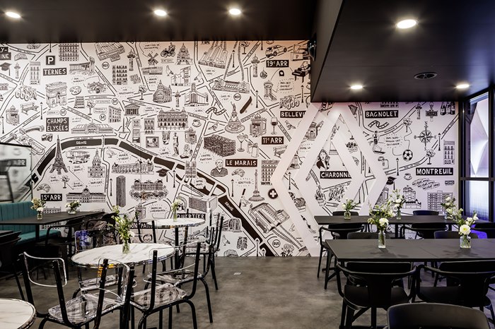 Intricately illustrated map of Paris for Renault's restaurant