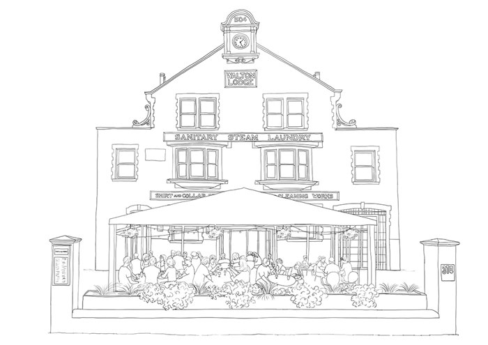 Drawing of a Brixton pub to promote their eating space