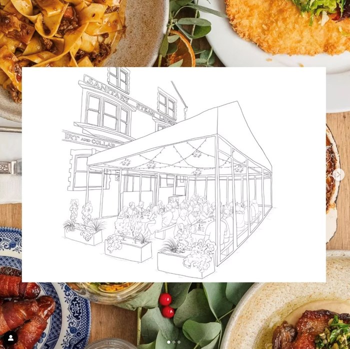 A black-and-white drawing of a dining spot of Brixton pub