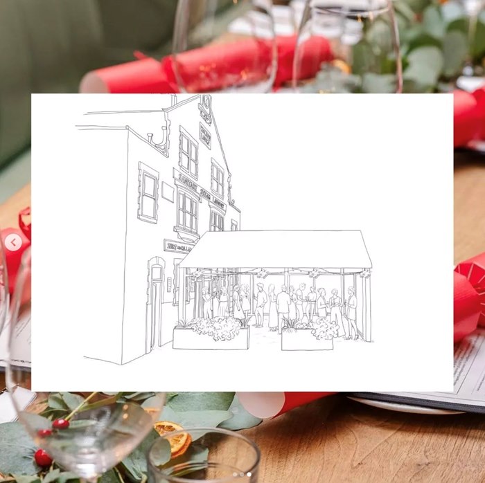 Black and white linework captures the welcoming atmosphere