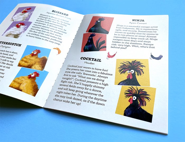 A fun collage of quirky chicken characters