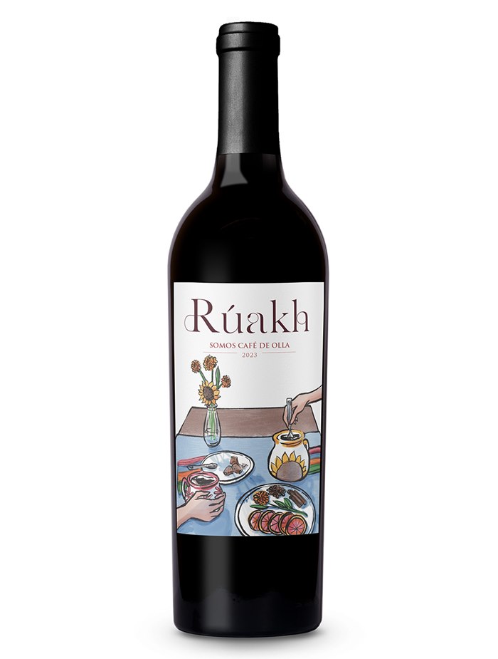 Hand-painted label art for Ruákh Wines