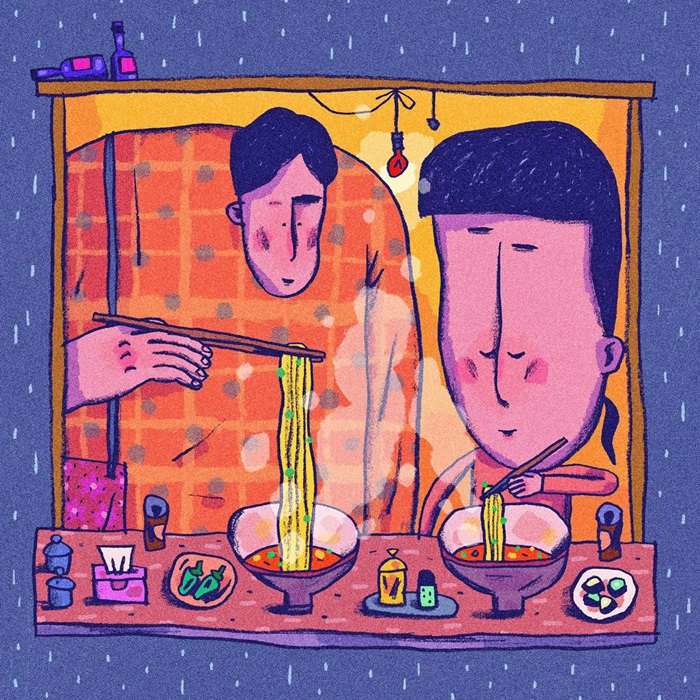 Editorial artwork featuring a cozy bowl of ramen