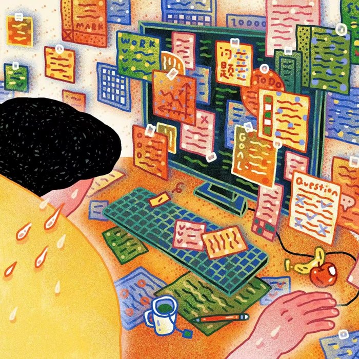 Cara showing office worker overwhelmed by tasks and notifications