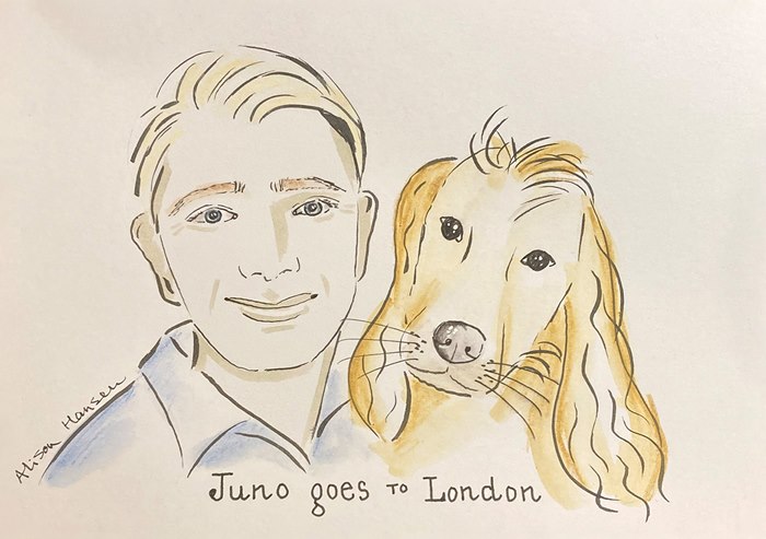 Guests and dogs at the Juno Goes to London book launch
