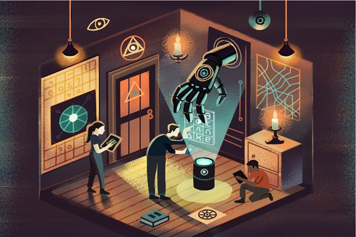 Concept art representing AI and escape rooms in virtual education