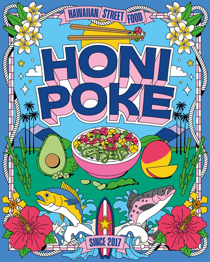 Tropical branding visuals for Hawaiian poke bowl restaurant