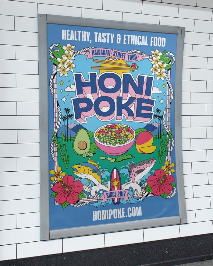 Colorful design toolkit inspired by island life for poke bowl branding