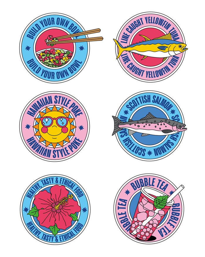 Branded tote bag with island-themed design for poke restaurant