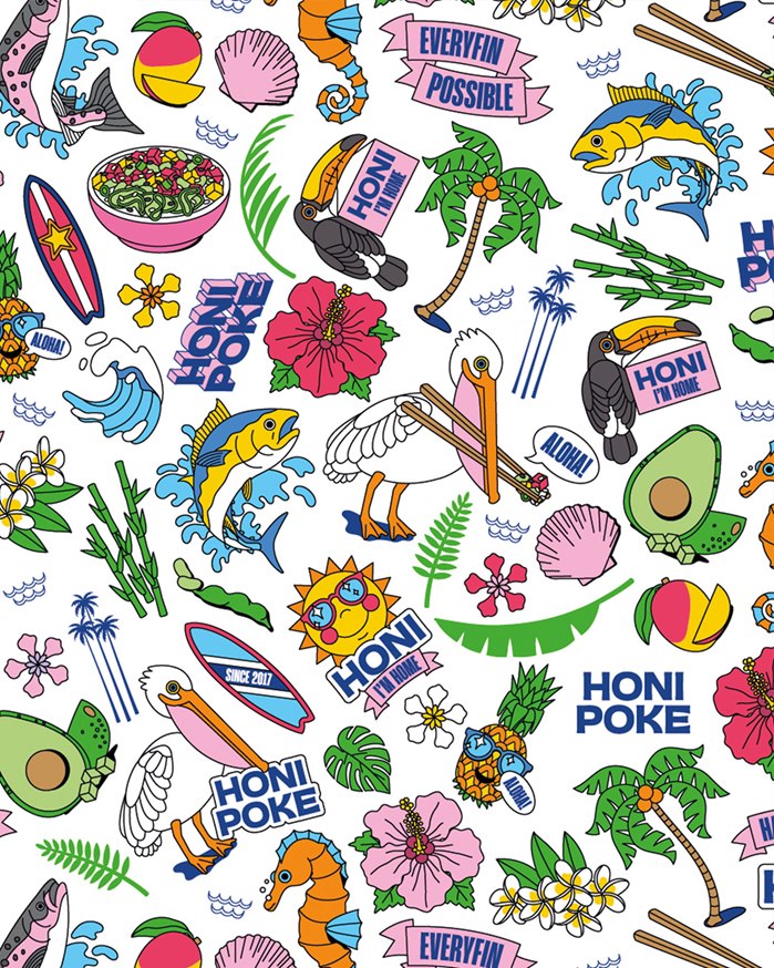 Brand visuals combining tropical motifs, beach culture, and food illustrations