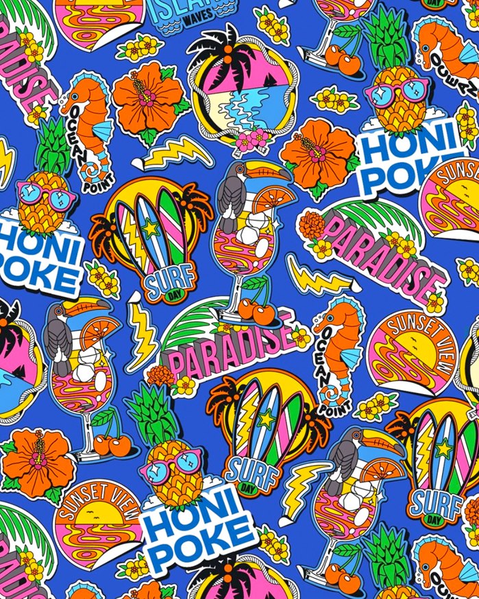 Ingredient-focused design with coastal and island-inspired graphic elements